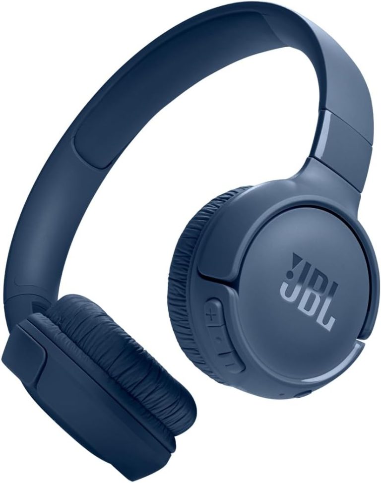 JBL Tune 520BT fone de ouvido sem fio Bluetooth azul com botões de controle.