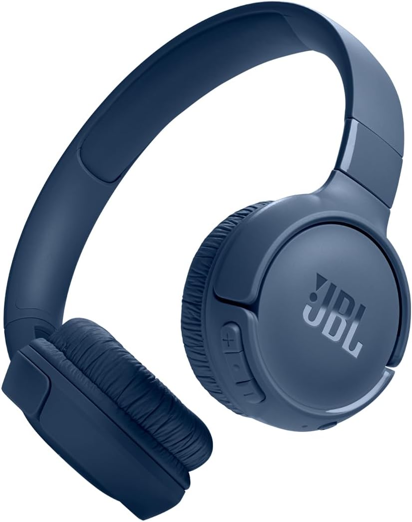 JBL Tune 520BT fone de ouvido sem fio Bluetooth azul com botões de controle.