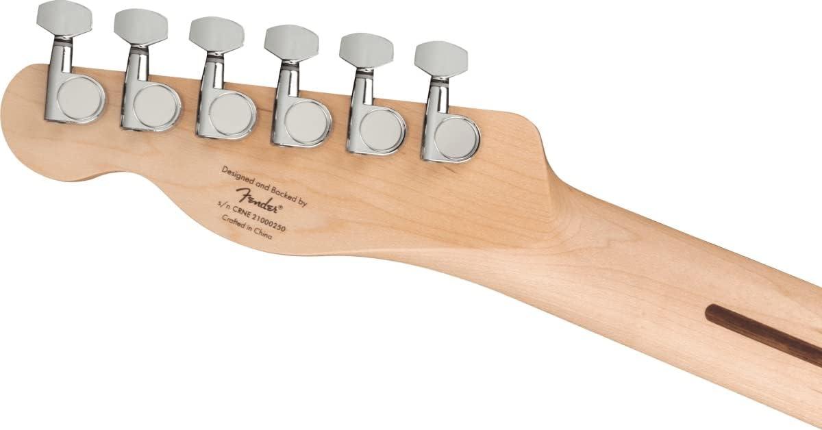 Verso do cabeçote da guitarra Squier Bullet Telecaster mostrando tarraxas cromadas e inscrições Fender