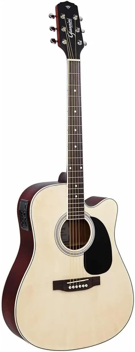 Violão elétrico Giannini GDC-1 CEQ NS dreadnought com tampo claro e corpo marrom escuro, acabamento acetinado e sistema eletrônico lateral.