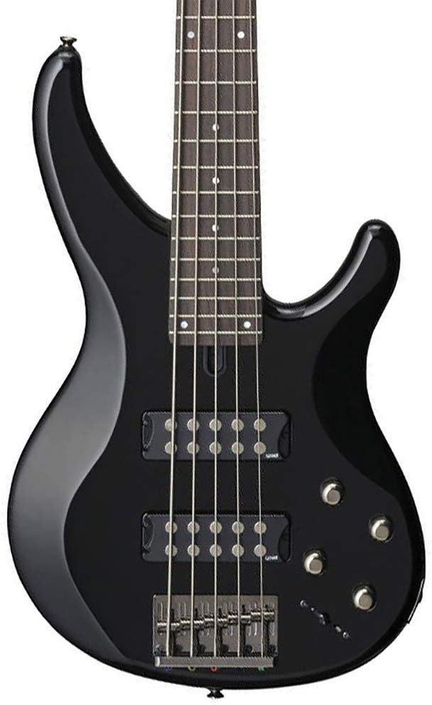 Yamaha TRBX 305 BL contrabaixo elétrico 5 cordas preto com acabamento brilhante, captadores duplos e controles cromados.