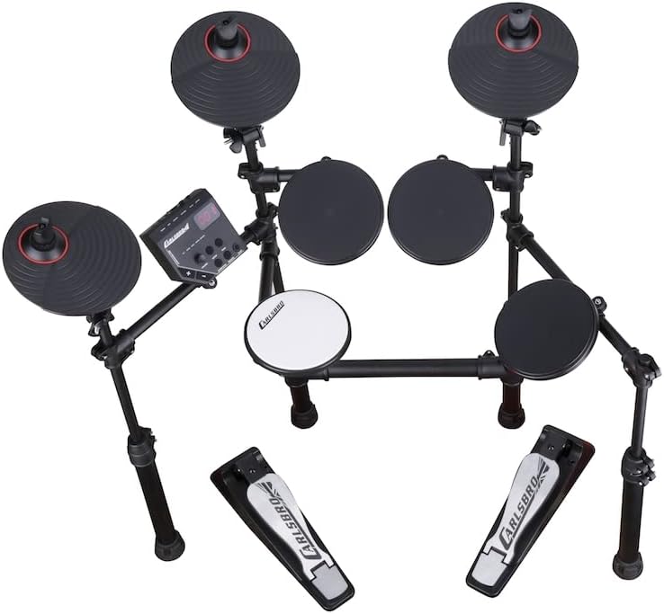 Bateria eletrônica Odery Carlsbro CSD100 vista superior com pedais e pads pretos.