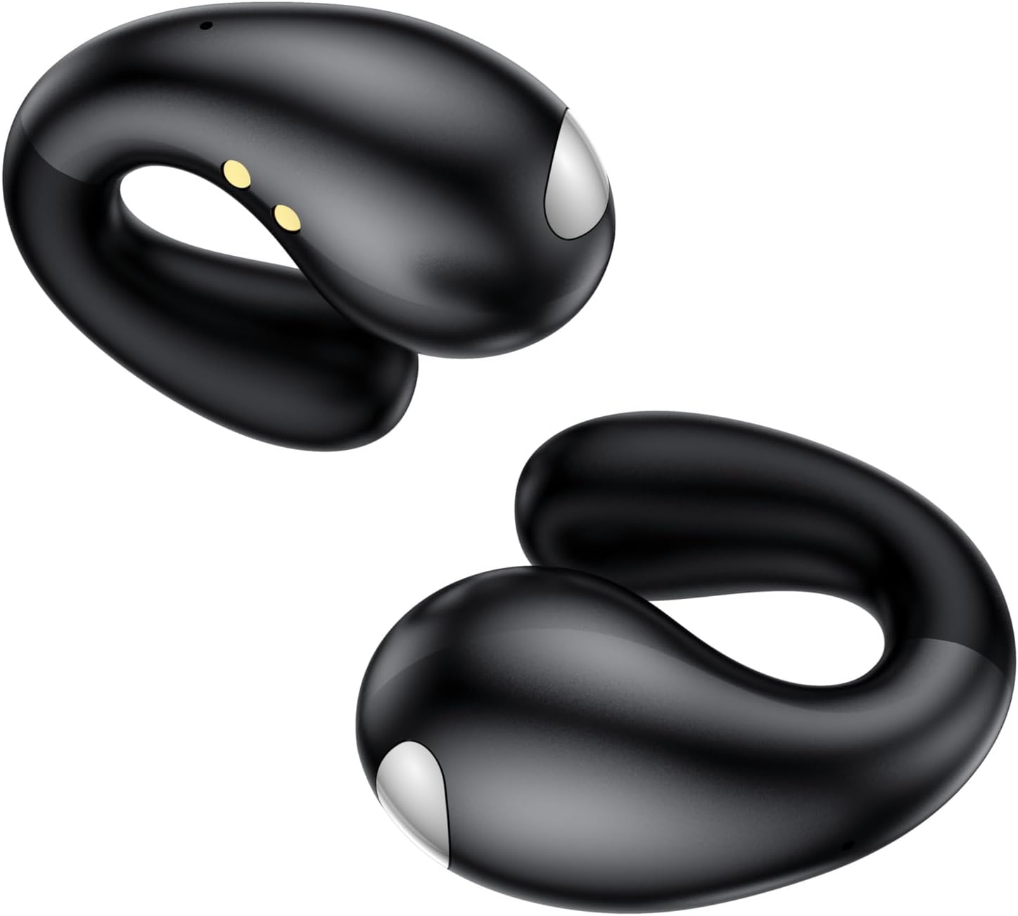 Fones de ouvido Boytond ultra abertos ergonômicos preto opaco com detalhes prateados e contatos de carregamento dourados.