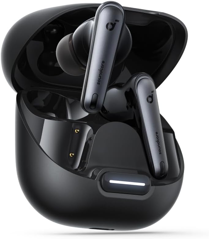 Fones de ouvido sem fio soundcore Liberty 4 NC pretos dentro da caixa de carregamento aberta