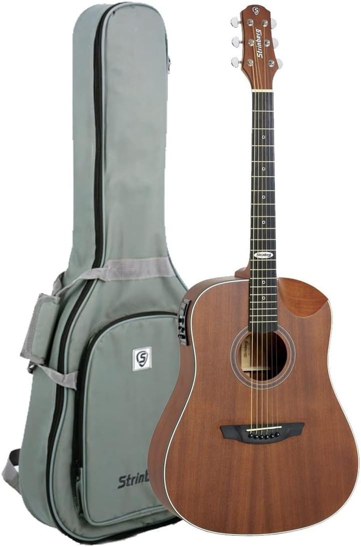 Violão folk eletroacústico Strinberg SD201HC Half Cutaway fosco marrom com capa cinza.