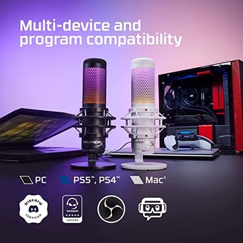 Microfones HyperX QuadCast S compatíveis com PC, PS5, PS4 e Mac, com certificações Discord, TeamSpeak e OBS.