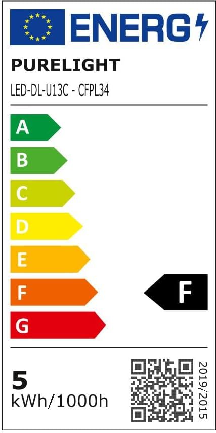 Etiqueta de eficiência energética com classificação F para produto PureLight LED, consumo 5 kWh/1000h, com escala de A a G e código QR.