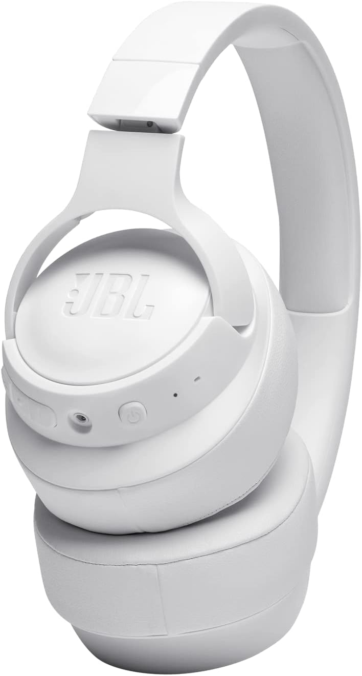 Fone de ouvido JBL Tune 710BT branco com controles, botão ligar/desligar e entrada para cabo auxiliar