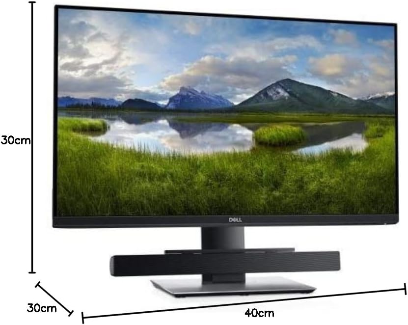Monitor Dell com sound bar AC511M na base e dimensões aproximadas em cm
