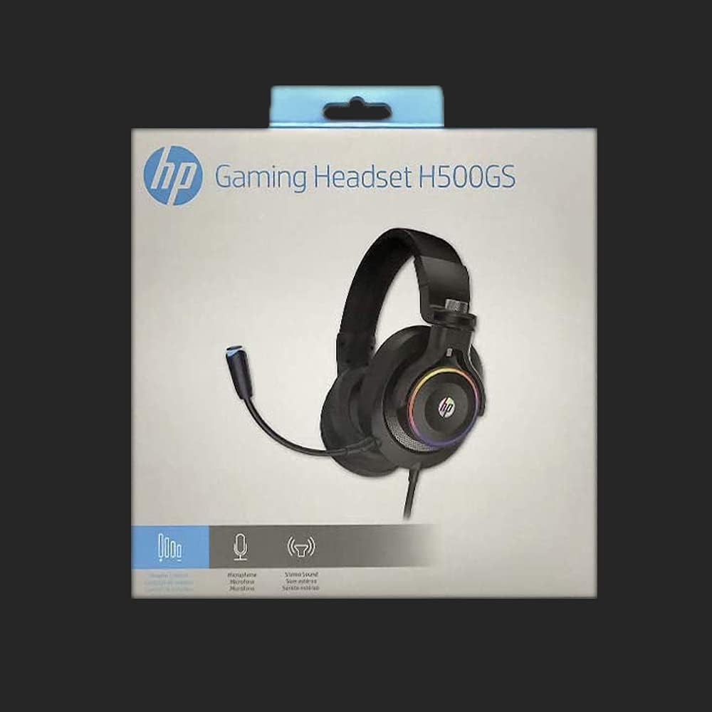 Embalagem do Headset Gamer HP H500GS com imagem do produto e detalhes técnicos