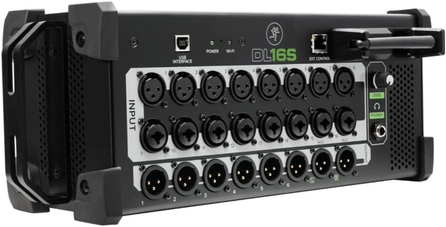 Mesa de som digital Mackie DL16S com 16 canais e interface USB integrada, vista frontal com alças