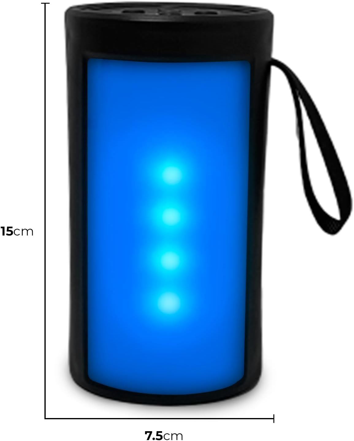 Caixa de som Bluetooth portátil Genérico D-Y04 em azul iluminada com alça lateral e dimensões 15x7,5 cm.