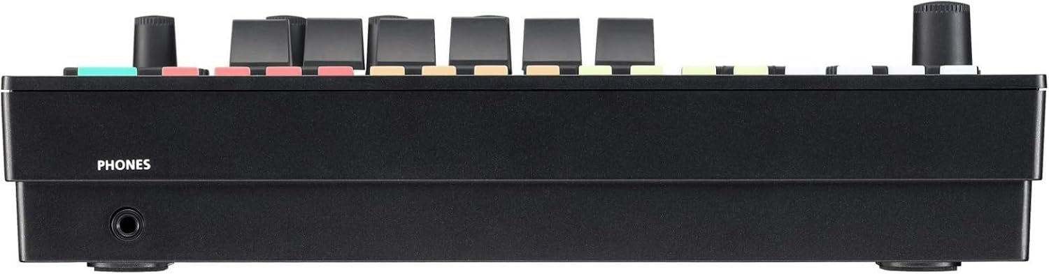 Lateral esquerda do Roland TR-6S bateria eletrônica mostrando entrada para fones de ouvido e controles superiores.