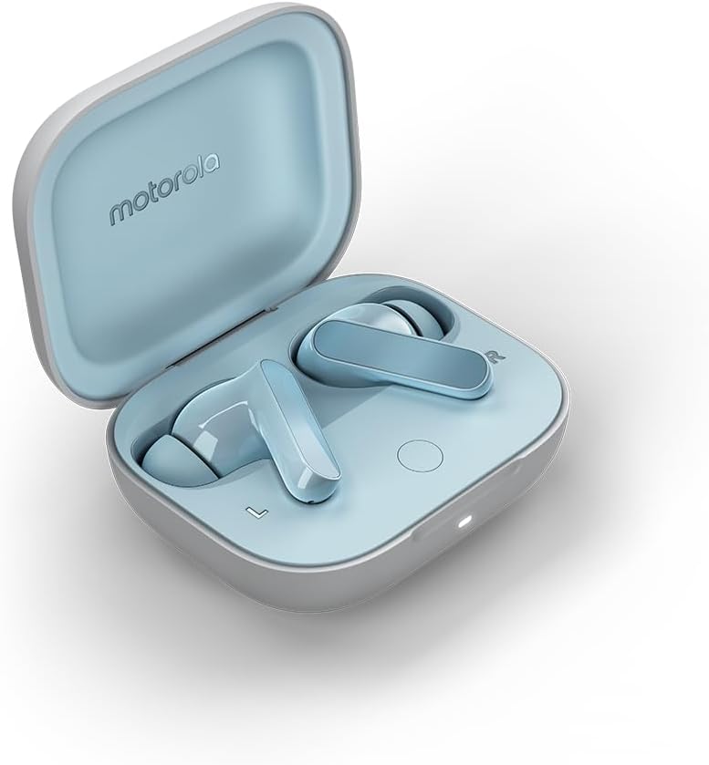Fones intra-auriculares Motorola Moto Buds azuis dentro do estojo aberto.