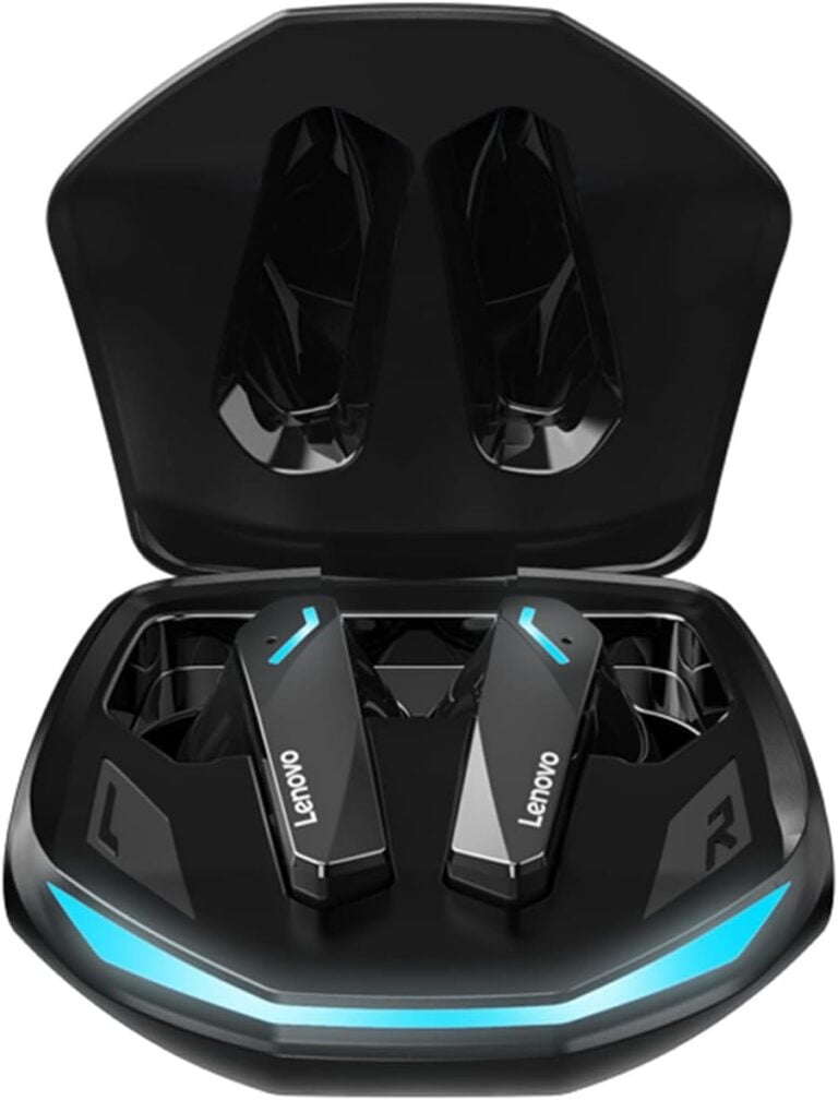 Fones de ouvido Lenovo thinkplus GM2 Pro dentro de estojo preto aberto, luz azul, sem fio, design moderno.