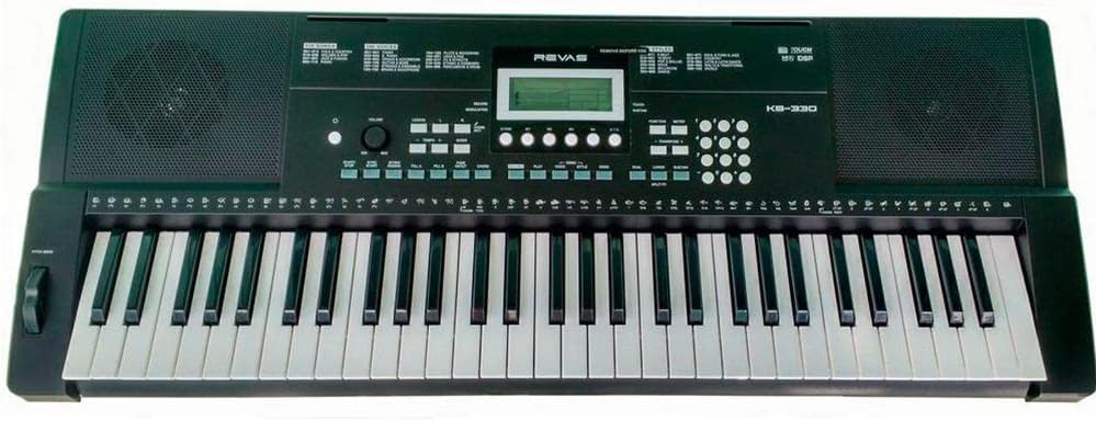 Teclado Revas KB-330 com 61 teclas, display e falantes embutidos, visão frontal.