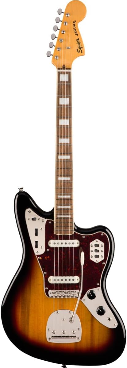Guitarra Squier Classic Vibe '70s Jaguar corpo sólido sunburst vista completa frontal.