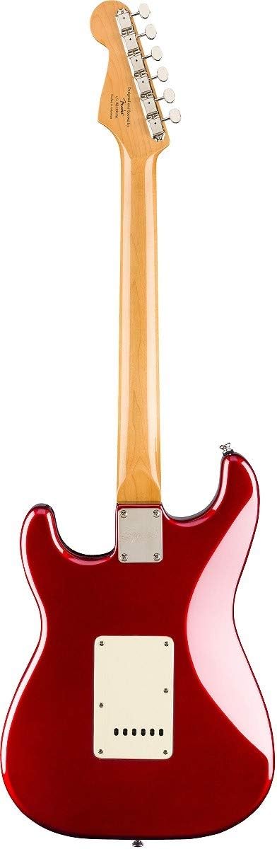 Parte traseira da guitarra Squier Classic Vibe '60s Stratocaster vermelho metálico com braço de madeira clara