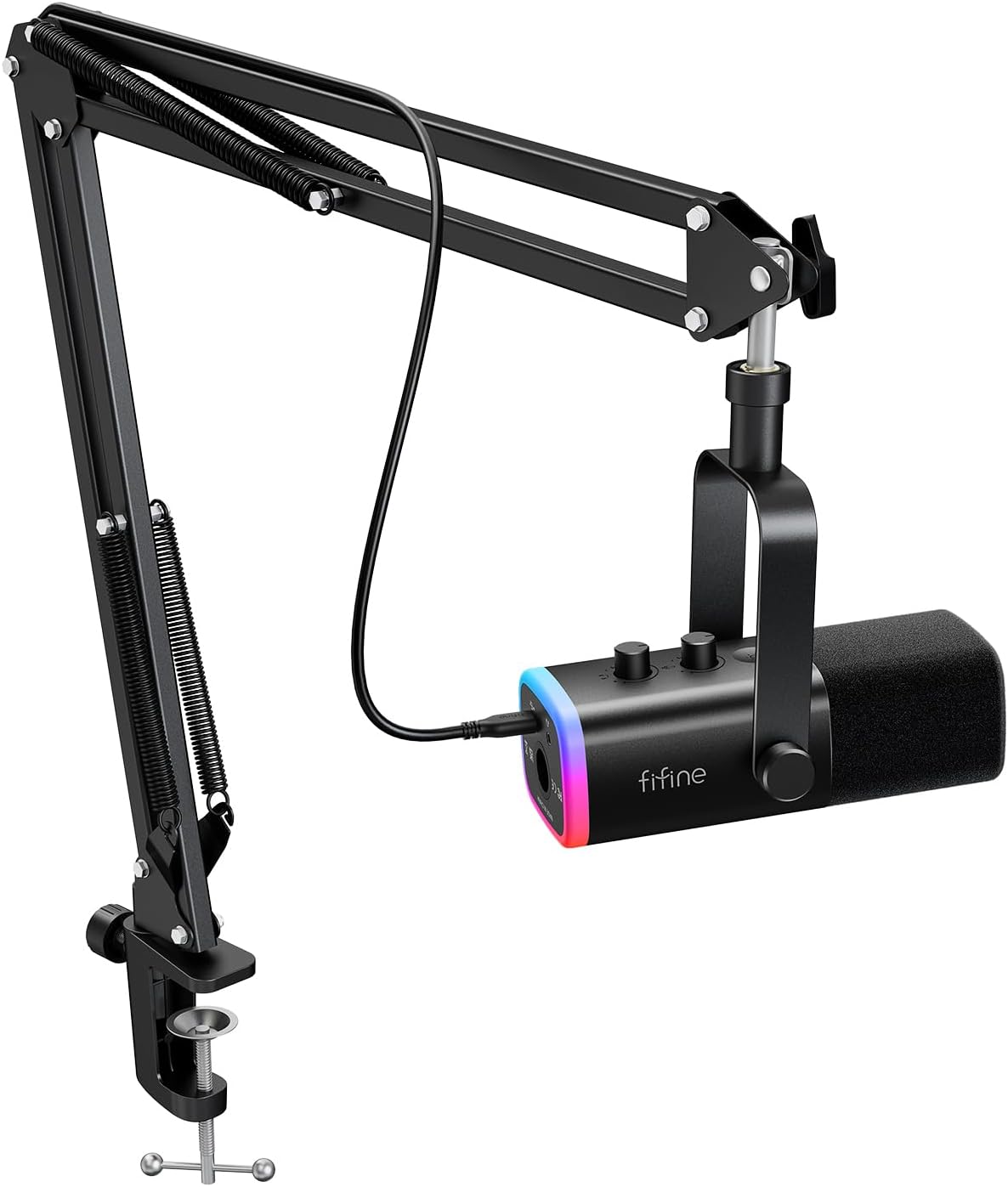 Microfone dinâmico FIFINE AM8T para jogos preto com suporte articulado e iluminação RGB