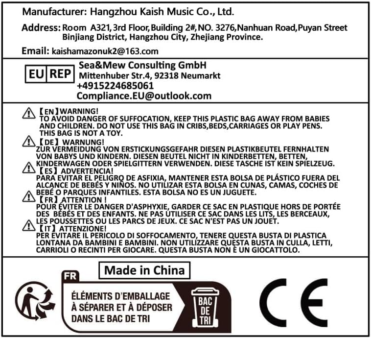 Etiqueta de produto KAISH com informações do fabricante, advertências e certificações