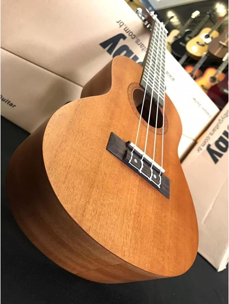 Ukulele Shelby SU23M Concerto em madeira clara apoiado sobre caixa da marca Shelby