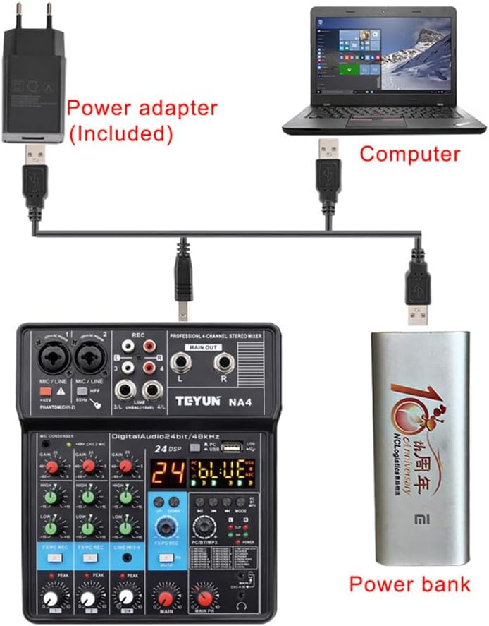 Diagramas de alimentação do mixer TEYUN NA4 via adaptador, computador ou power bank