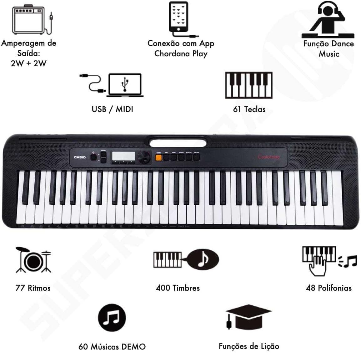 Teclado Casio CT-S195 com ícones informando potência, app, funções musicais, ritmos, timbres, polifonias e músicas demo.
