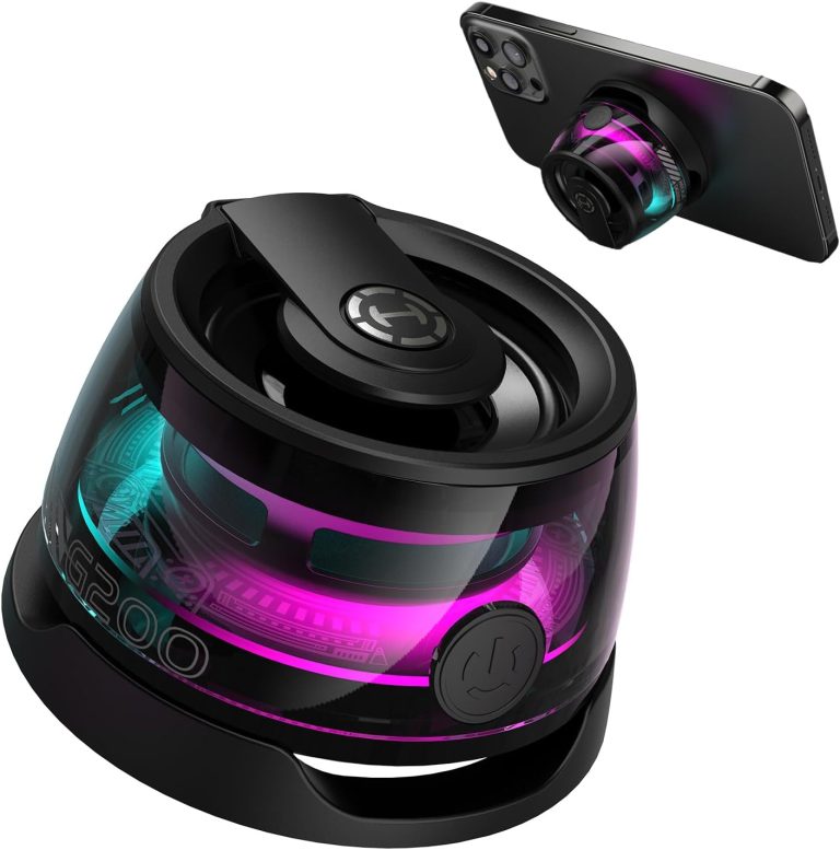 Caixa de som portátil Edifier Hecate G200 preta com iluminação RGB e suporte magnético em smartphone.