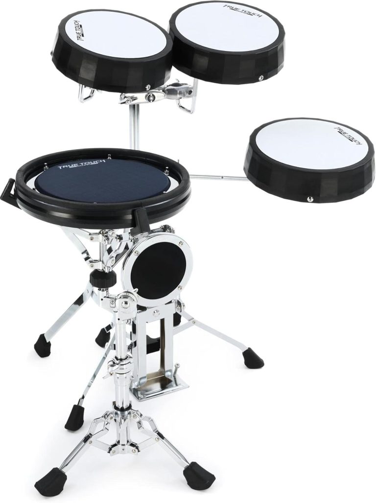 Bateria eletrônica Tama TTK5S preta com pads de borracha especial e estrutura cromada, vista frontal.