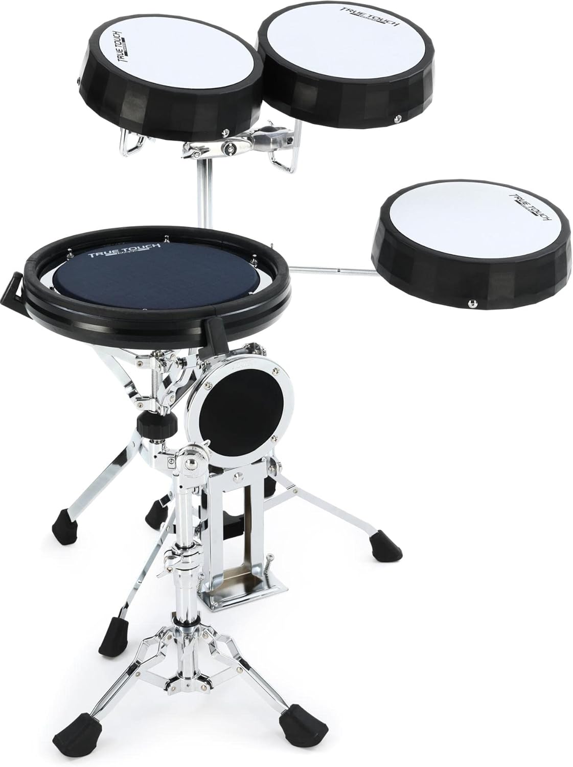 Bateria eletrônica Tama TTK5S preto com suporte metálico cromado, pads de toque branco e bumbo preto.