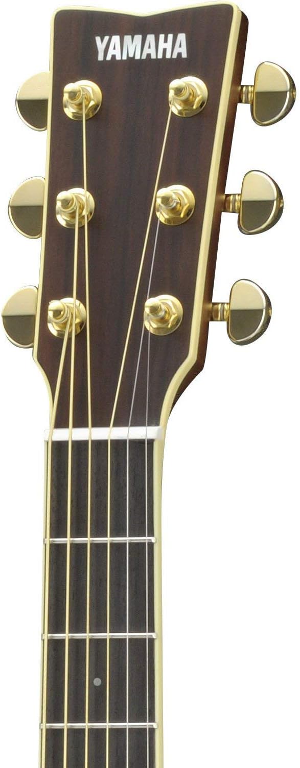 Cabeça do violão Yamaha LS6 A.R.E. com logo Yamaha e tarraxas douradas
