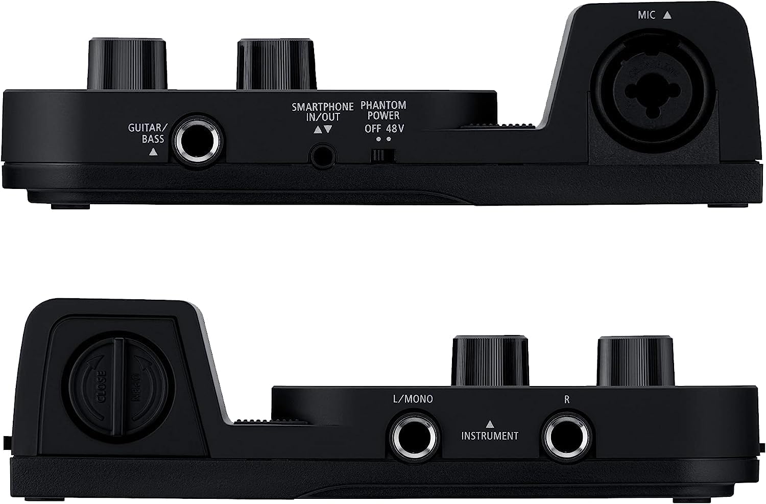 Lados da interface Roland GO:MIXER PRO-X com entradas e controles de áudio