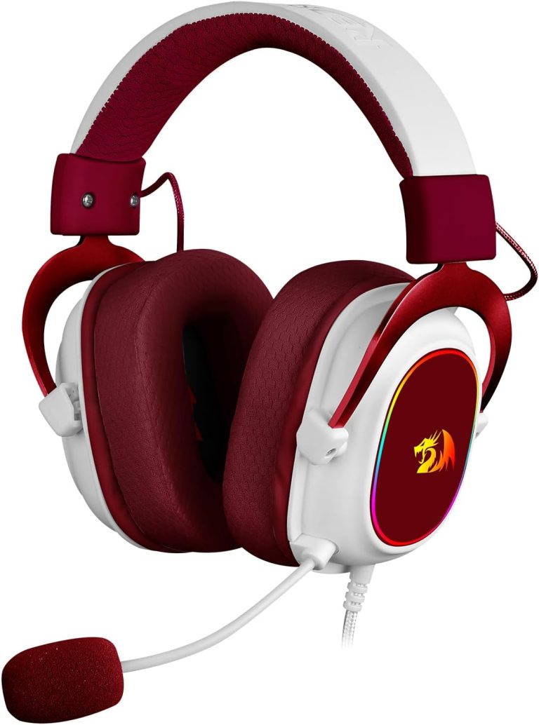 Headset gamer Redragon Zeus X branco e vermelho com microfone, luz RGB, almofadas vermelhas, cabo USB trançado.