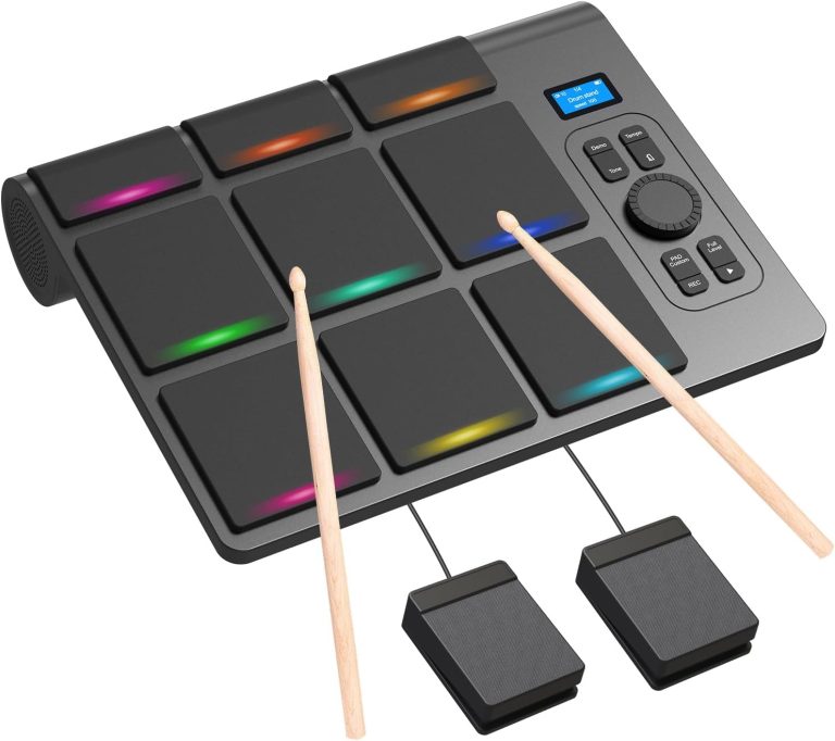 Bateria eletrônica portátil OYAYO com 9 pads coloridos, dois pedais e alto-falantes embutidos