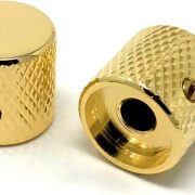 Botões de controle metálicos dourados para guitarra e contrabaixo com acabamento texturizado e parafuso lateral.