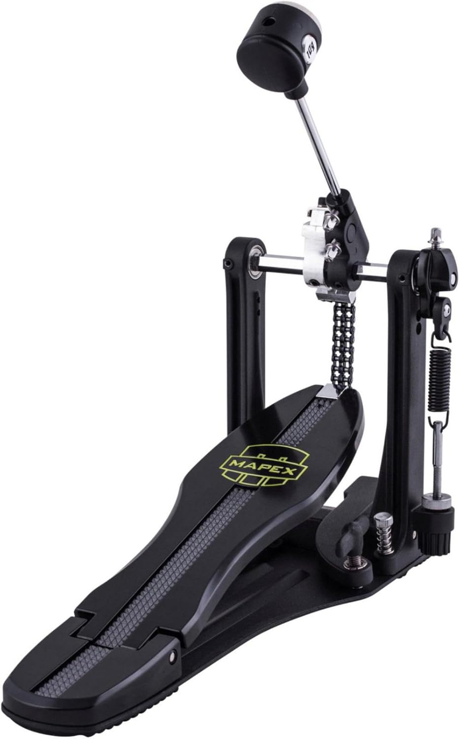 Pedal de bateria Mapex P800 preto com acionamento por corrente dupla, base longa e molejo ajustável, com logo amarelo.