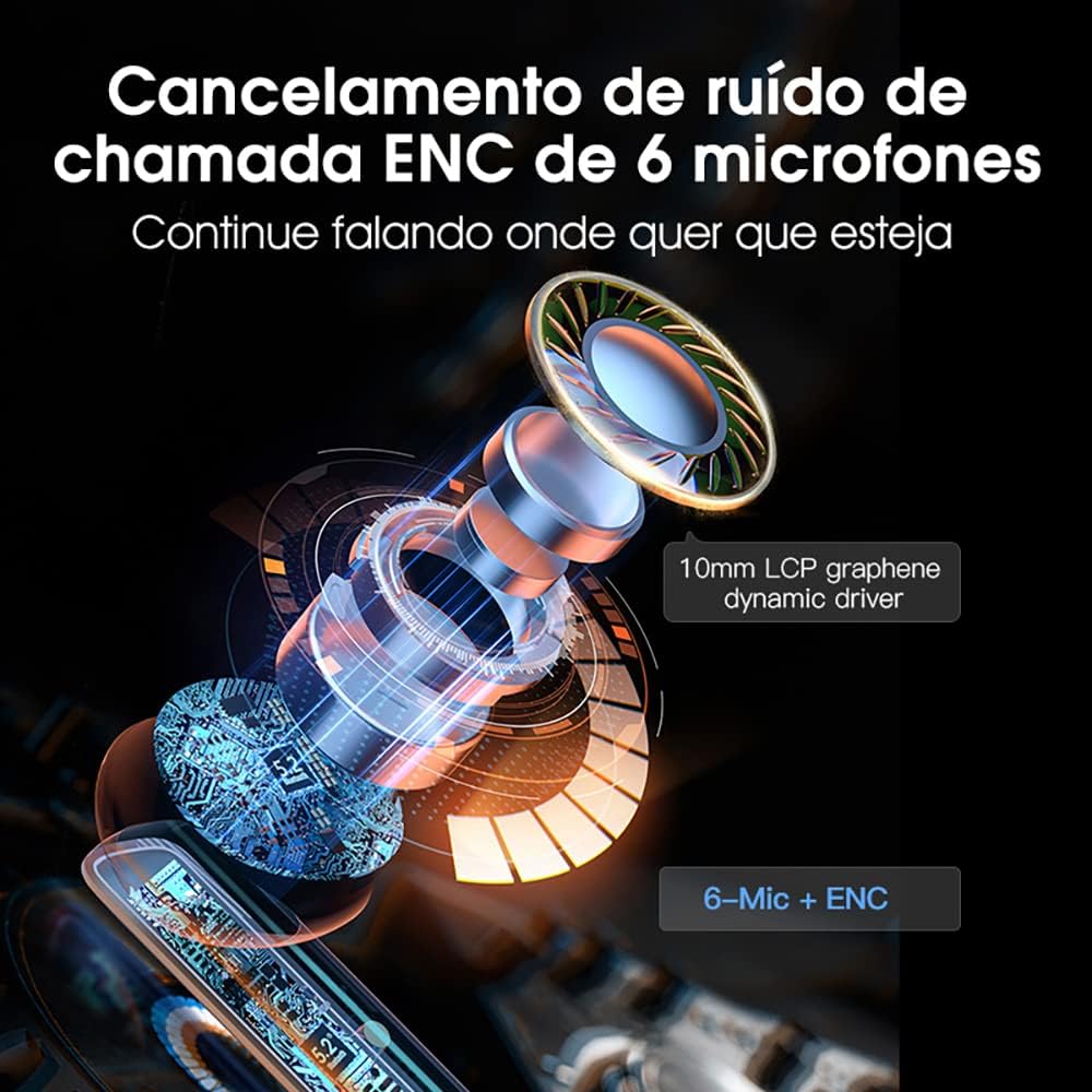 Detalhes técnicos dos microfones e driver do fone QCY HT05 Melobuds com cancelamento de ruído ENC