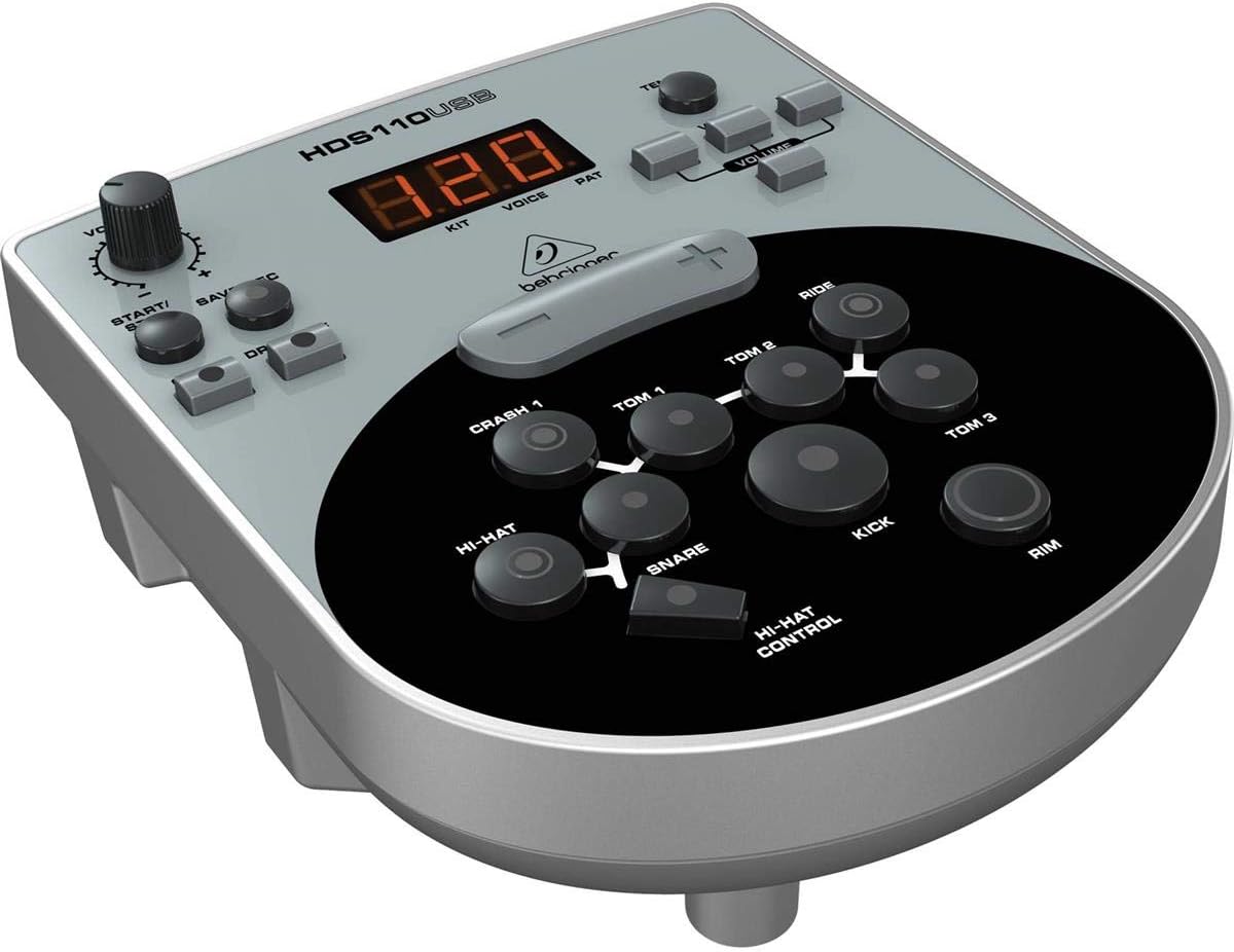 Módulo controlador Behringer HDS110USB para bateria eletrônica com display digital e botões de controle.
