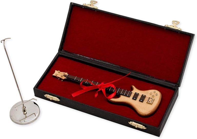 Miniatura de guitarra elétrica de baixo dourada com estojo preto e suporte metálico prateado Broadway Gifts