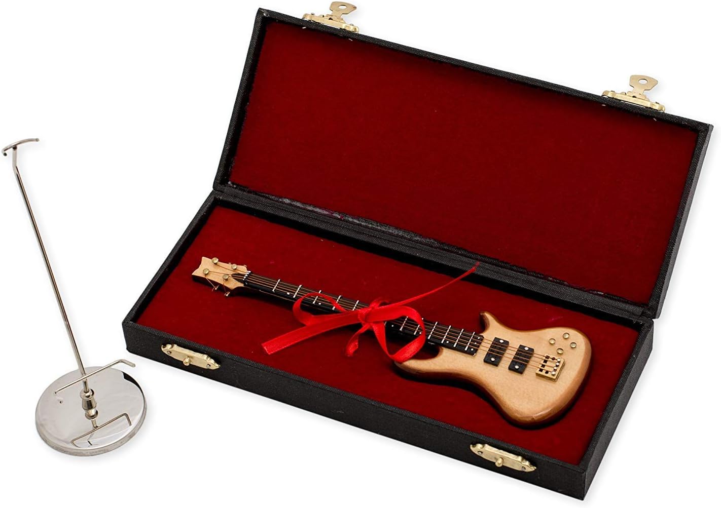 Miniatura de guitarra elétrica de baixo dourada com estojo preto e suporte metálico prateado Broadway Gifts