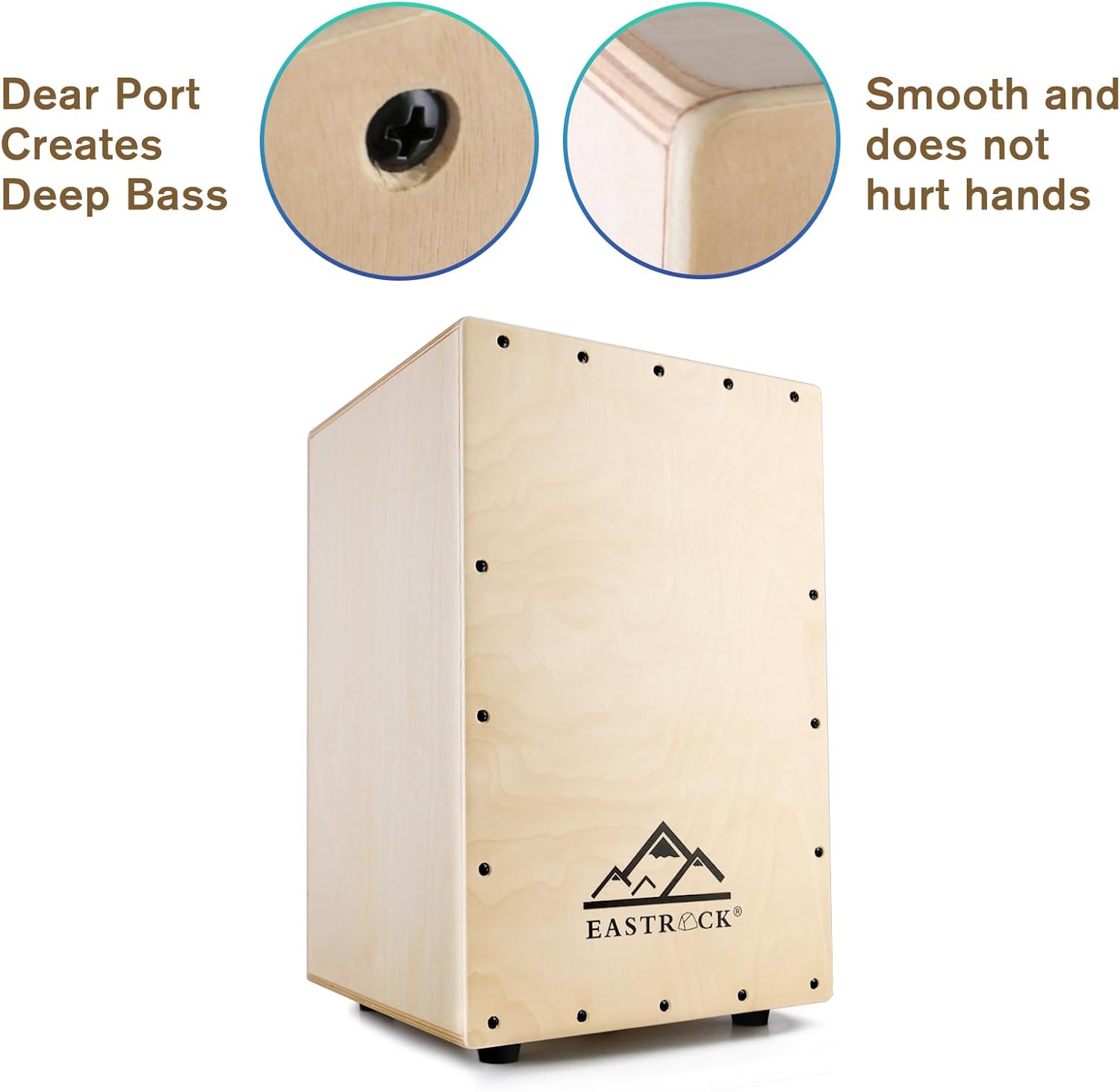 Detalhes do cajon EASTROCK com porta para graves profundos e acabamento suave nas bordas.