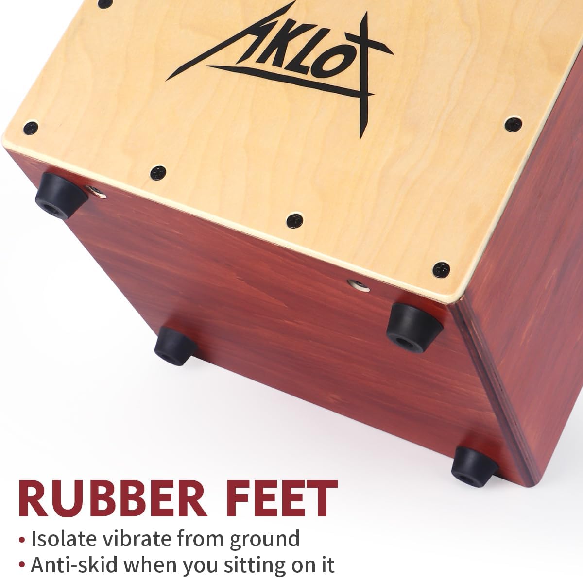Base do cajon AKLOT com pés de borracha antiderrapantes para isolamento e estabilidade.