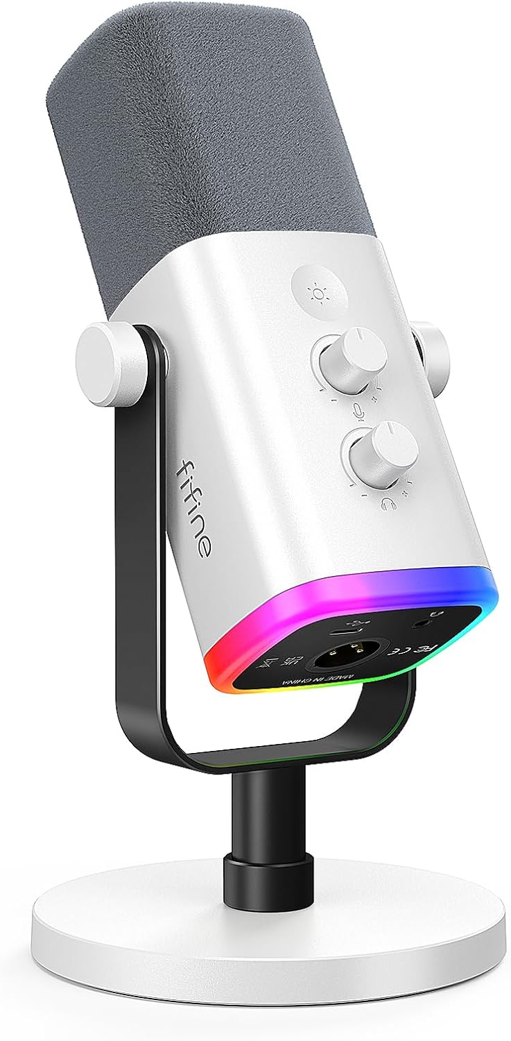 Microfone dinâmico FIFINE AM8 branco com iluminação RGB para jogos, suporte preto e base circular branca
