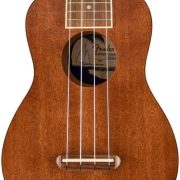 Ukulele Fender Seaside Soprano frontal corpo em madeira marrom claro para iniciantes com quatro cordas.
