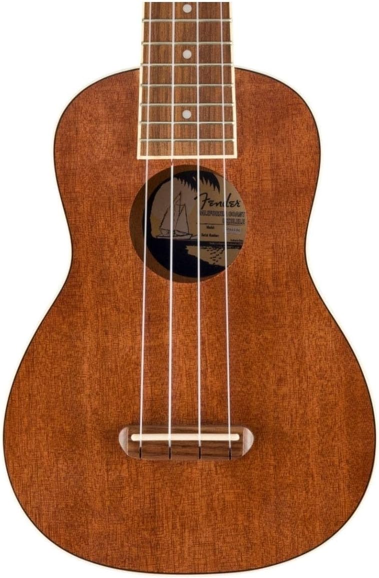 Ukulele Fender Seaside Soprano frontal corpo em madeira marrom claro para iniciantes com quatro cordas.