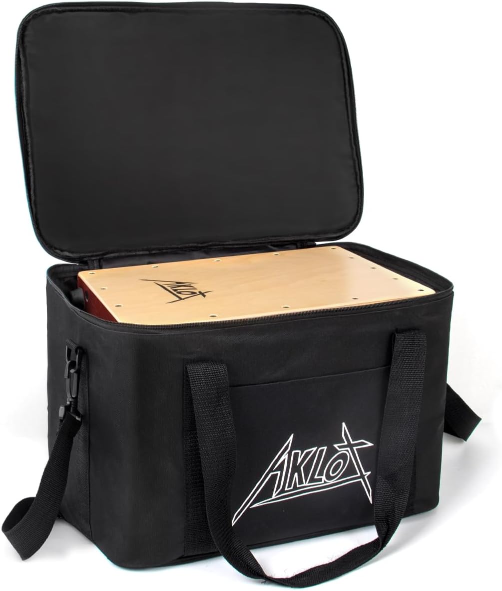 Bolsa preta para transporte do cajon AKLOT com alças e logo visível.