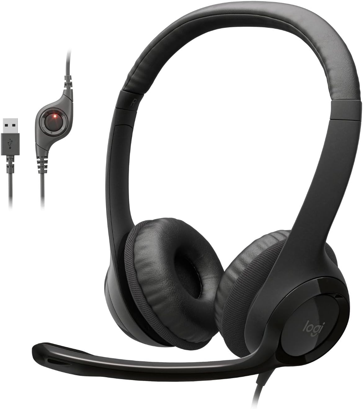 Headset Logitech H390 preto com fio USB, microfone com redução de ruído e controle de volume no cabo