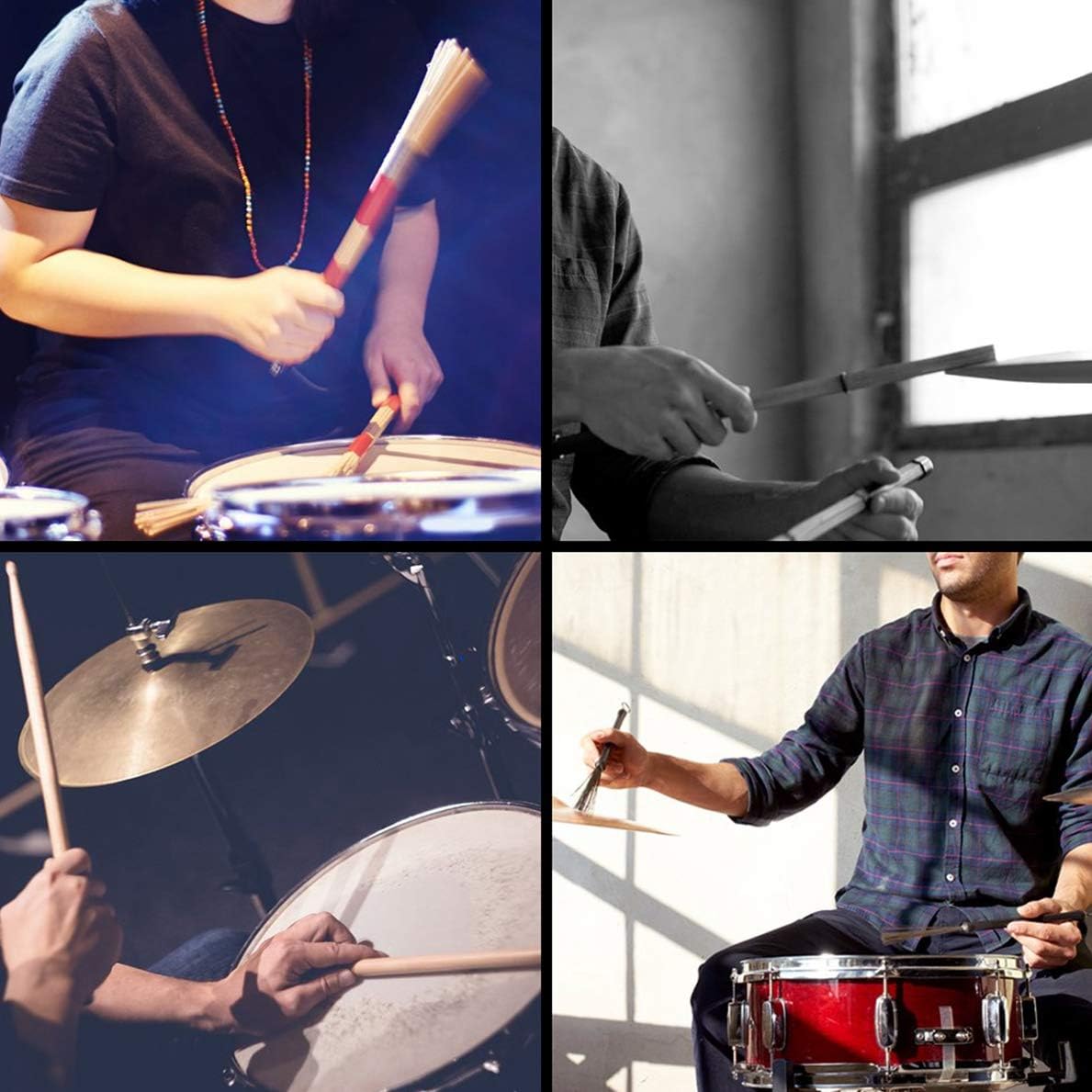 Músicos tocando bateria com baquetas, varetas e escovas do conjunto GOGHOST em estúdio e apresentações ao vivo