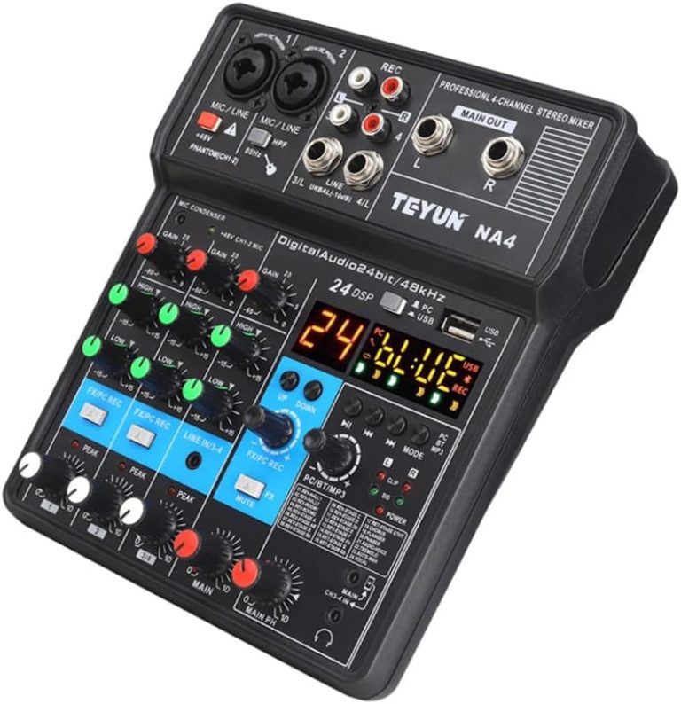 Mixer compacto TEYUN NA4 4 canais com Bluetooth, entradas XLR/TRS, USB, controle DSP e phantom 48V