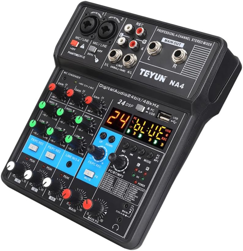 Mixer compacto TEYUN NA4 4 canais com Bluetooth, entradas XLR/TRS, USB, controle DSP e phantom 48V